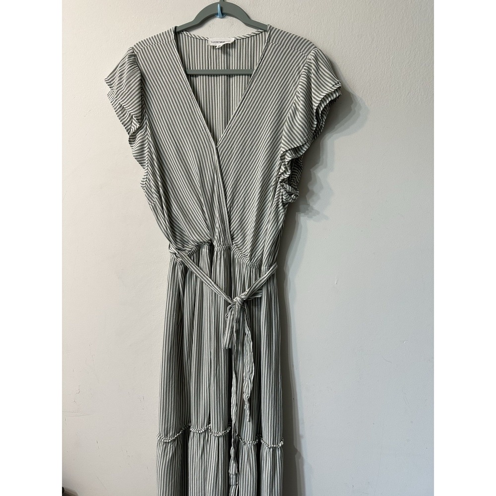 Lucky Brand Dress Womens XXL Grey White Stripe Faux Wrap Tiered Midi Dress